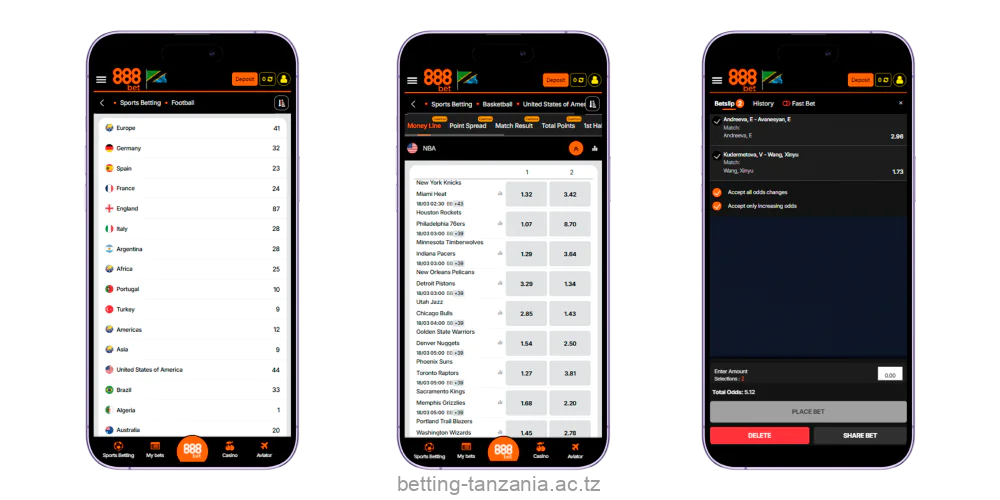 Users from Tanzania can deposit and bet on various sports through the 888bet app