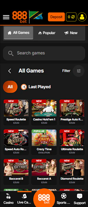 Live Games section of the 888bet Tanzania app