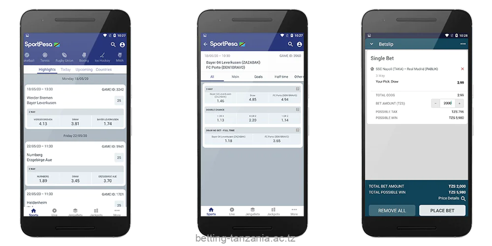 Available bets and betting policies in the SportPesa App for Tanzania