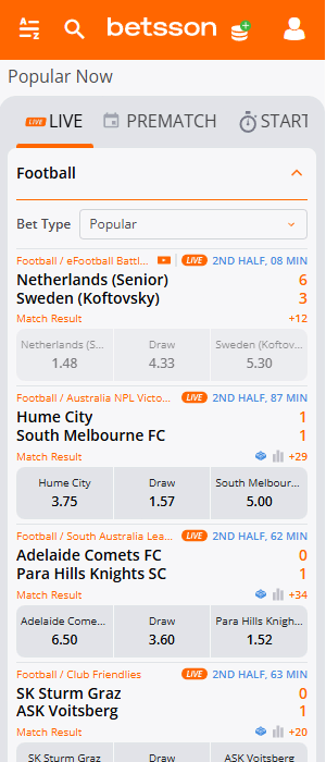 List of events in LIVE mode in Betsson app