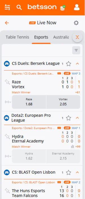 The esports section of the Betsson Tanzania app