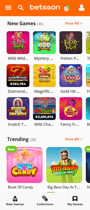 A collection of casino games in the Betsson app