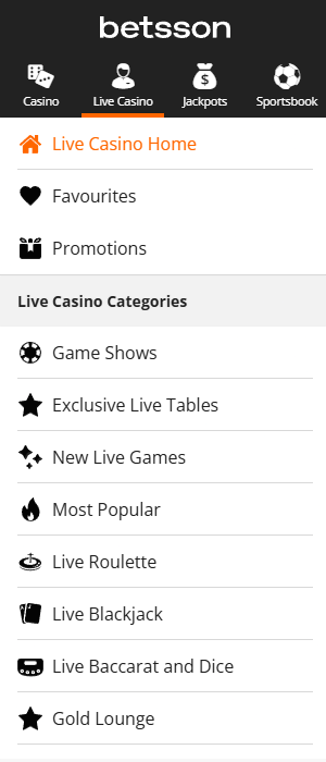 Menu of the live casino section of the Betsson app