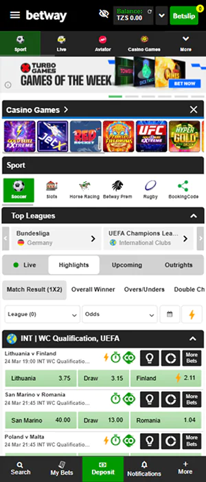 The Betway app home screen contains the most popular sections of the Betway app