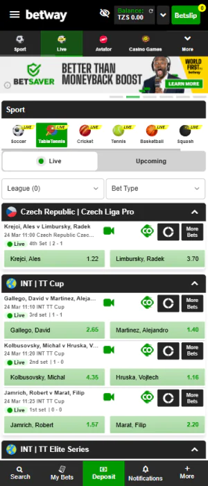 Tanzanian players can bet on table tennis through the Betway app