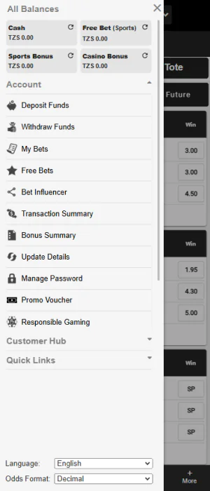 Betway Tanzania app main menu