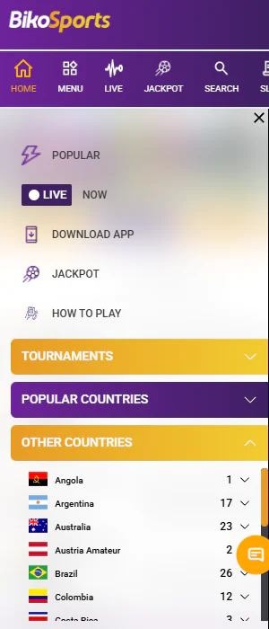 The menu in BikoSports app contains the most important sections for quick access