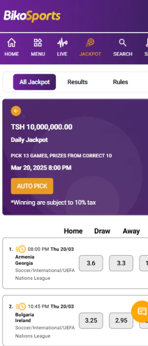 Jackpot section in the BikoSports Tanzania app