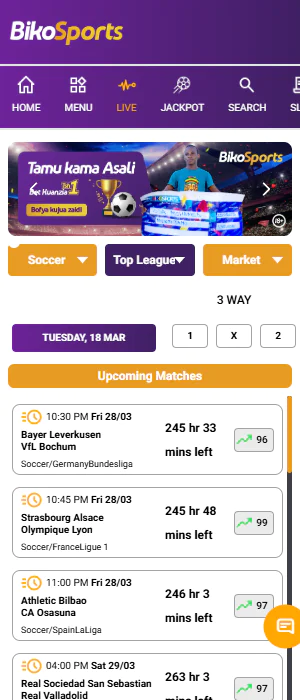Live sports betting section available in BikoSports app