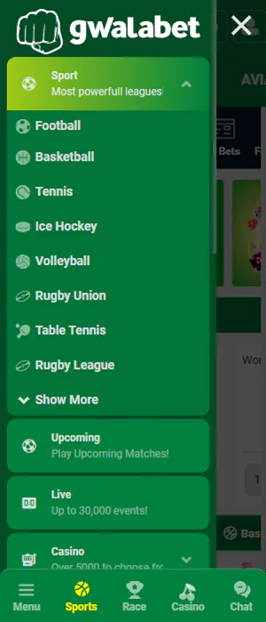 The menu in the GwalaBet app contains the main sections for easy access