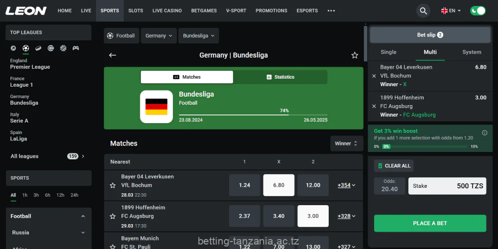 To start betting at Leon, players from Tanzania have to create an account, top up their balance and choose a sport to bet on