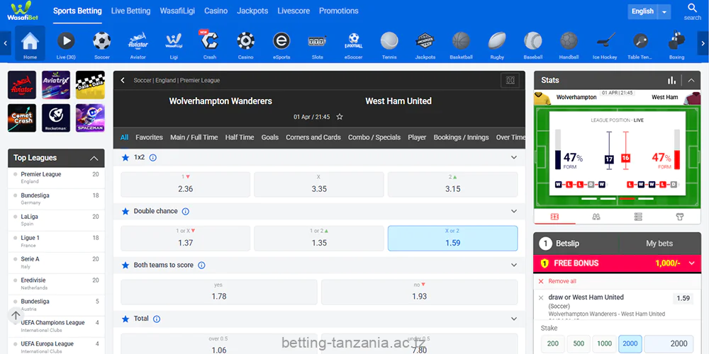 The Wasafi Bet online platform in Tanzania offers a wide range of sporting events for betting