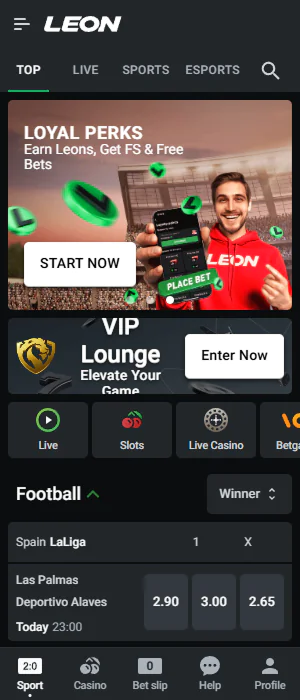 Home screen of the Leon Bet application