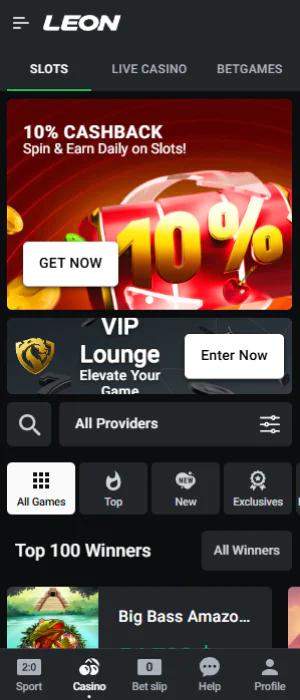 Casino section in the Leon Bet app