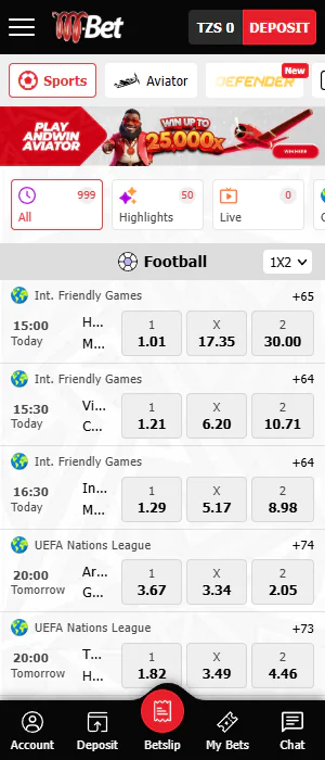 The M-Bet contains sporting events for betting on the home screen