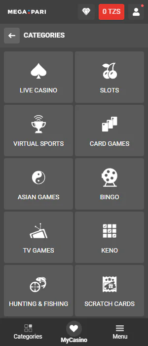 The Megapari app offers a large selection of casino games