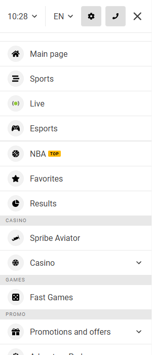 Melbet app main menu