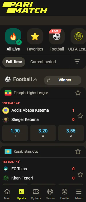 Live sports betting section of the Parimatch app