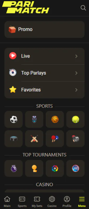 Main sections of the Parimatch Tanzania application