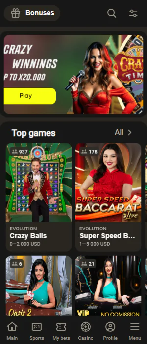 Live Casino section in the Parimatch Tanzania app