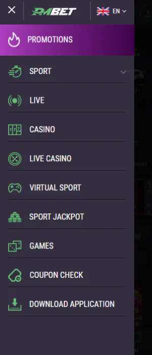 The main menu of the Pmbet app allows Tanzanian users to quickly navigate through the sections
