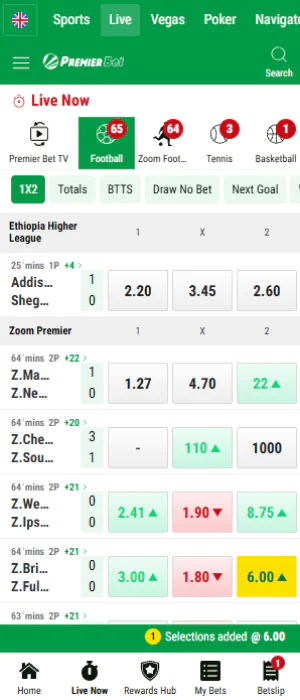 On the Premier Bet app, Tanzanian bettors can bet on events in Live mode
