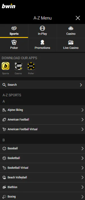 Convenient menu in the Bwin app