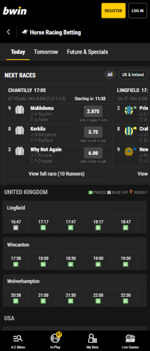 Horse Racing section of the Bwin Tanzania application