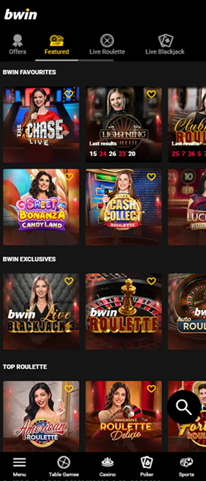 Live Casino section on the Bwin App