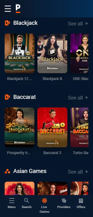 Live Casino section of the Pinnacle app
