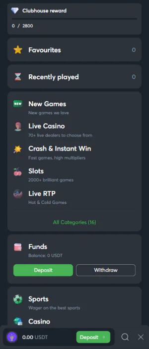 Menu in the casino section of the Sportsbet app