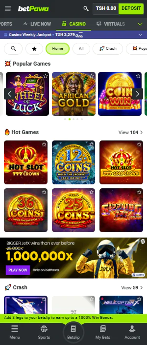 Casino games section of the BetPawa app