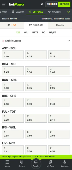 Virtual Games section of the BetPawa application