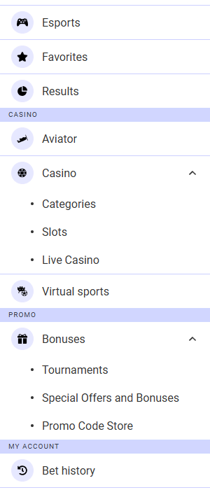 The menu in the PariPesa online bookmaker app contains the main sections