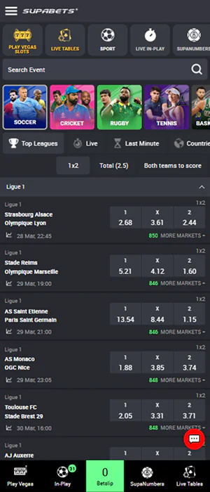 Home screen of Supabets mobile application