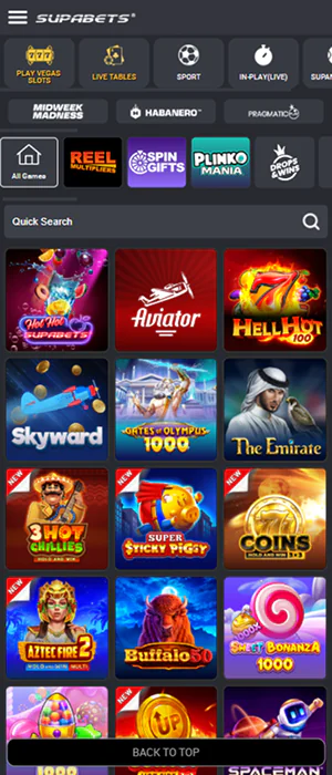 Section “Play Vegas Slots” in the Supabets Tanzania app