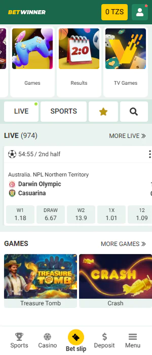On the homepage, players from Tanzania will find popular sections of the Betwinner app