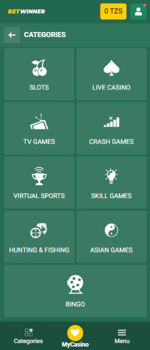 Popular categories of casino games on the Betwinner app