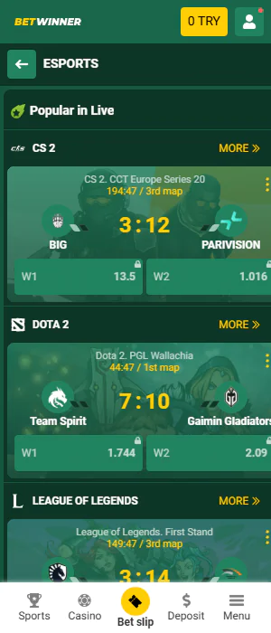 Esports betting section of the Betwinner app
