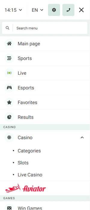 Main menu in the Betwinner Tanzania app