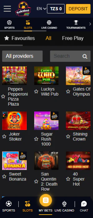 The Sokabet app offers casino games from popular providers
