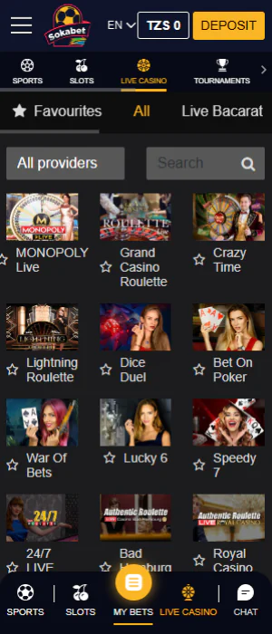 Live casino section of the Sokabet Tanzania app