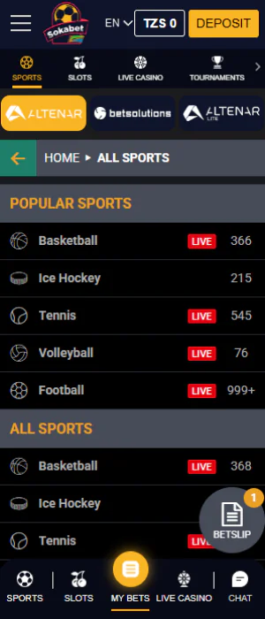 Search for sports matches in the Sokabet Tanzania app