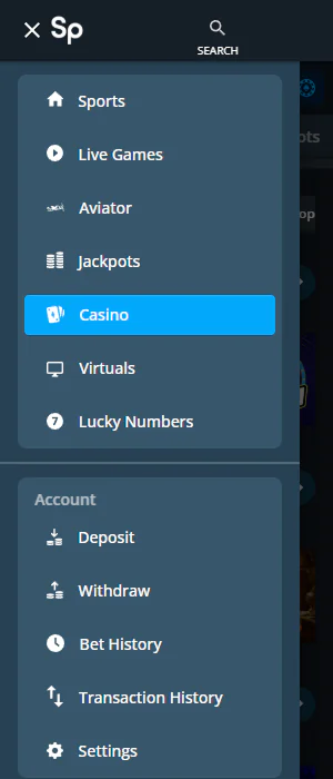 The main menu contains the most important sections of the SportPesa app