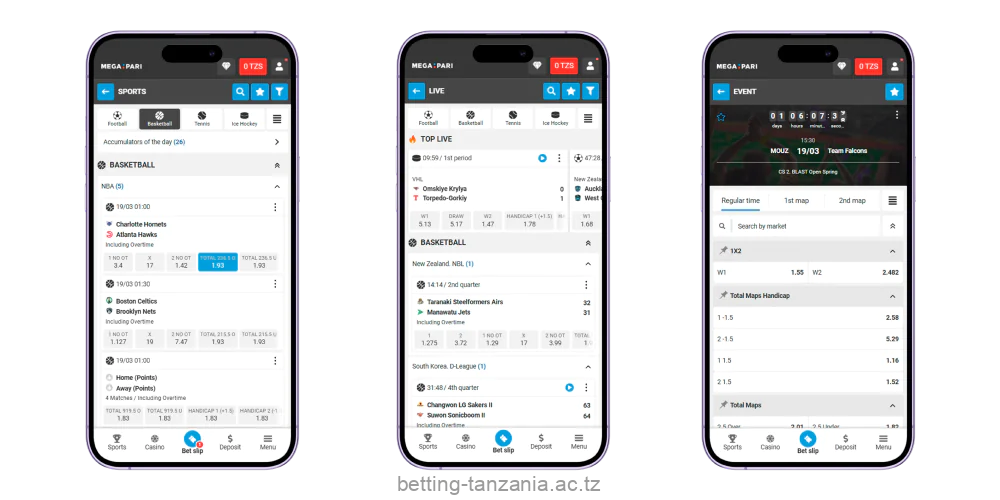 The Megapari app offers many sports to bet on and allows users from Tanzania to bet on events in real time