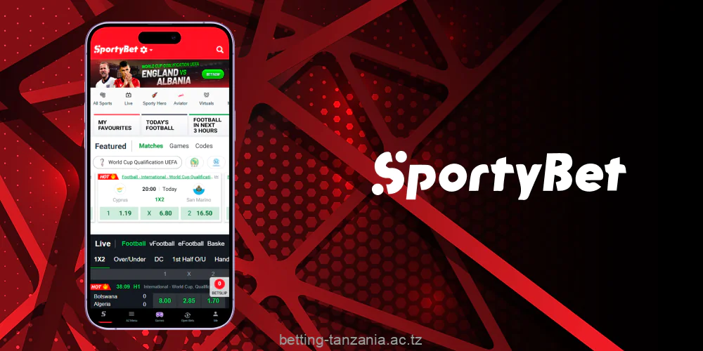 The Sportybet Tanzania app features a user-friendly design and intuitive navigation