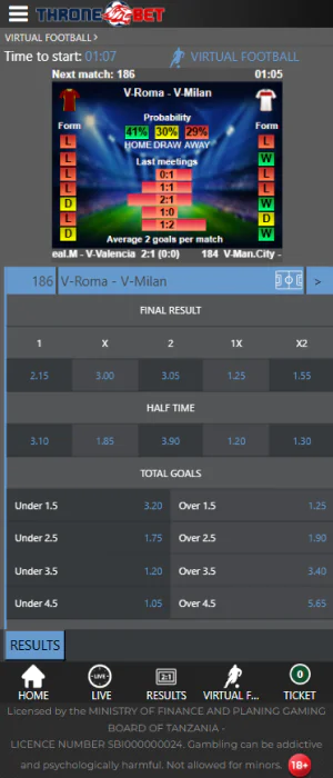Virtual Football section of the Throne Bet app