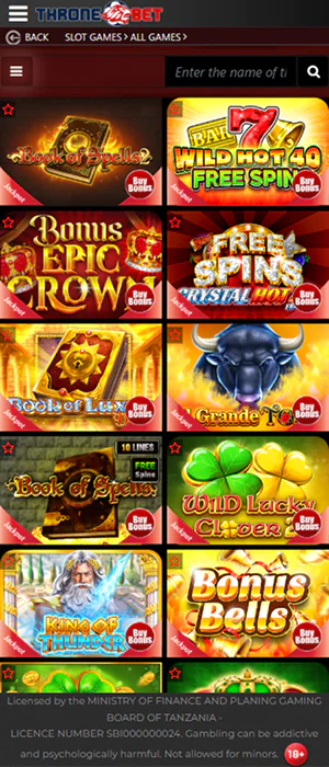 Casino games available to users from Tanzania on the Throne Bet app