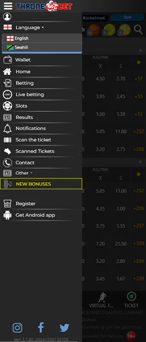 Throne Bet application main menu