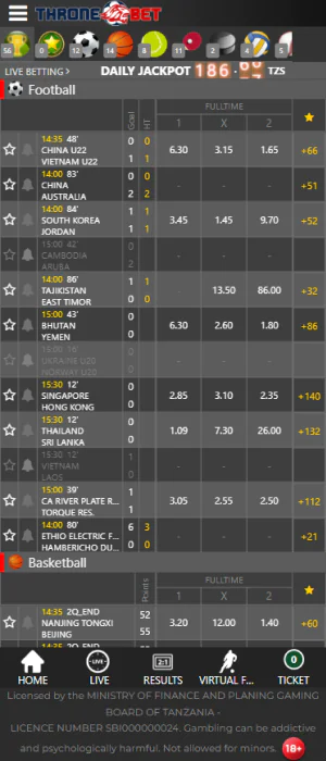 Live Betting section of the Throne Bet Tanzania app